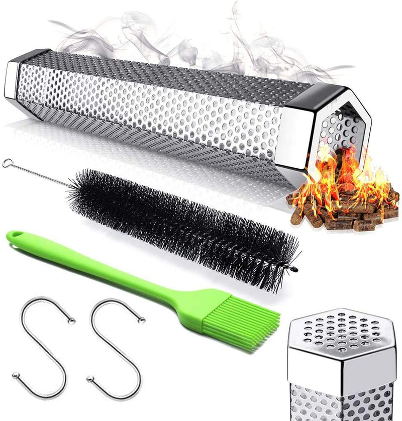 Pellet Smoker Tube 12'' Portable Perforated Stainless Steel BBQ Smoke Generator for Hot/Cold Smoking，Accessories -2 S Shape Hooks,1 Silicone Brush，1 Cleaning Brush - BeesActive Australia