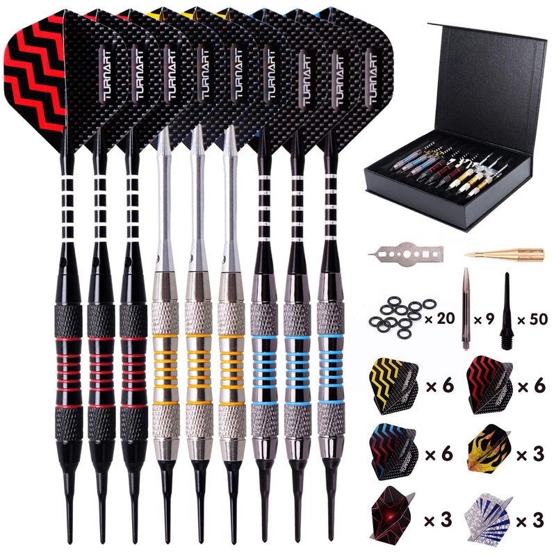 Darts Plastic Tip Professional Soft Tip Darts Set for Electronic Dartboard 9 Pcs 18 Grams with 50 Extra Tips 9 Shafts 27 Flights Tool Kit Gift Darts Case Tungsten - BeesActive Australia