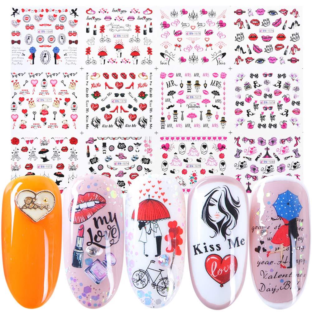 Valentine's Day Nail Art Stickers Water Transfer Nails Decals Lips Heart Letters Love Kiss Rose Pattern Nail Art Design for Women Girls Manicure Tips Charms Decorations Sexy Nails Supplies (12 Sheets) - BeesActive Australia