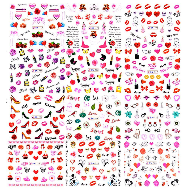Valentine's Day Nail Art Decals Water Transfer Nail Stickers Film Rose Heart Lips Love Kiss Pattern Nail Art Design Acrylic Nails Supplies Women Girls Manicure Tips Charms Decorations (12 Sheets) - BeesActive Australia