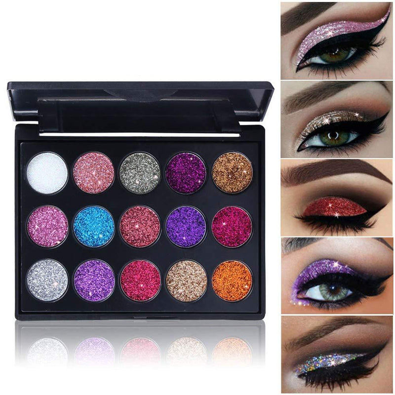 15 Colors Pro Glitter Eyeshadow Palette,Chunky & Fine Pressed Glitter Eye Shadow Powder Makeup Pallet Palettes Mermaid Small Sequins Highly Pigmented Ultra Shimmer Shiny Sparkling for Face Body 15 Colors 01 - BeesActive Australia