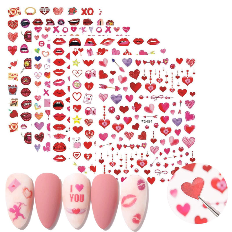 6 Sheets Valentine's Day Nail Art Stickers - 3D Nail Self-adhesive Decals-Heart Lips pattern Designs - Heart Nail Stickers For Women Girls Kids - Lips Nail Decals - Nail Sticker for Nail Decor - BeesActive Australia