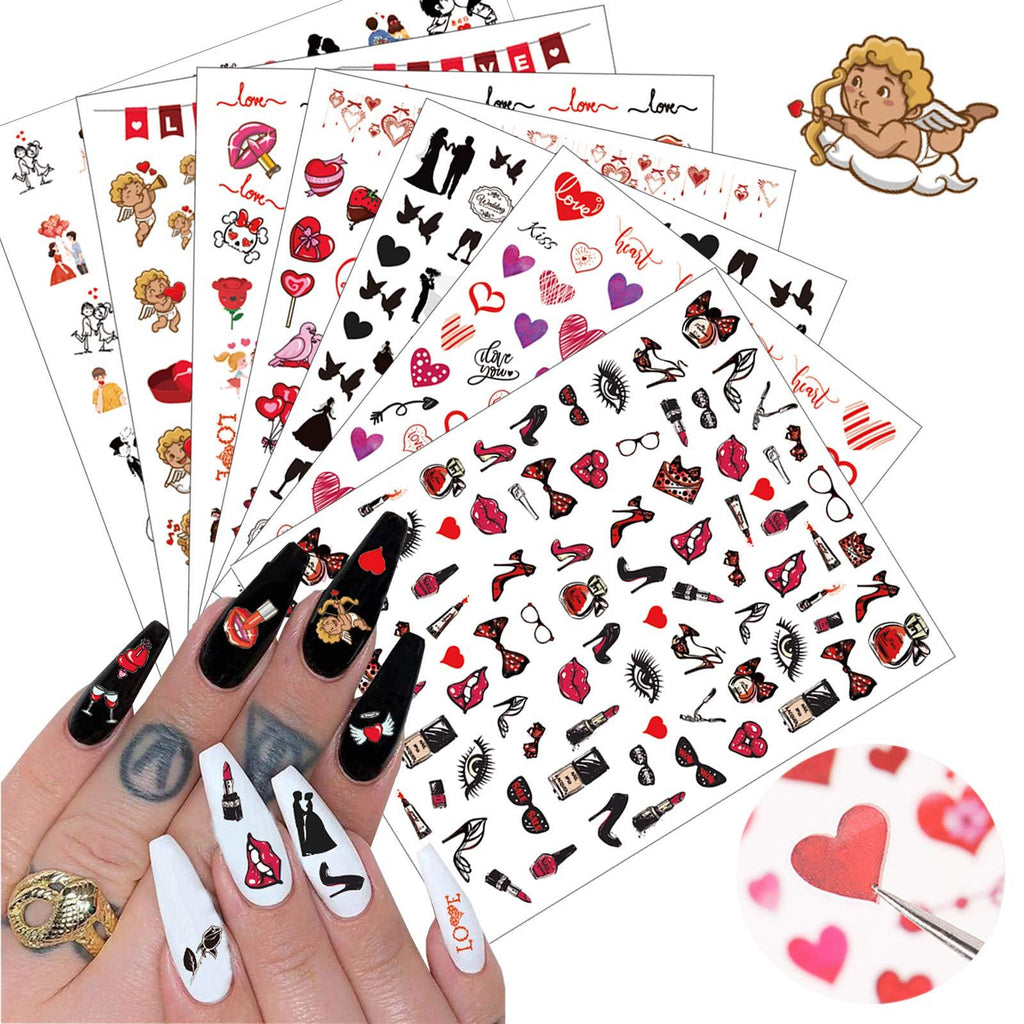 3D Valentine's Day Nail Art Stickers 7 Sheets Valentines Nail Art Accessories Decals Self-adhesive Sexy Lips Heart Love Cupid Designs Sticker for Women Girls Cool Nail Arts DIY Decorations - BeesActive Australia