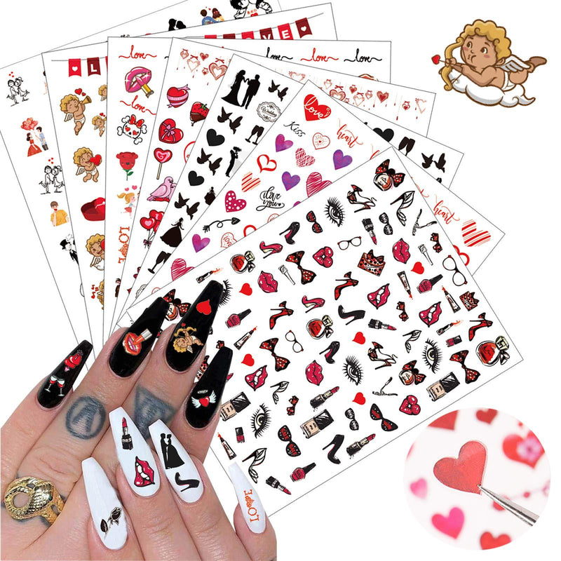 3D Valentine's Day Nail Art Stickers 7 Sheets Valentines Nail Art Accessories Decals Self-adhesive Sexy Lips Heart Love Cupid Designs Sticker for Women Girls Cool Nail Arts DIY Decorations - BeesActive Australia