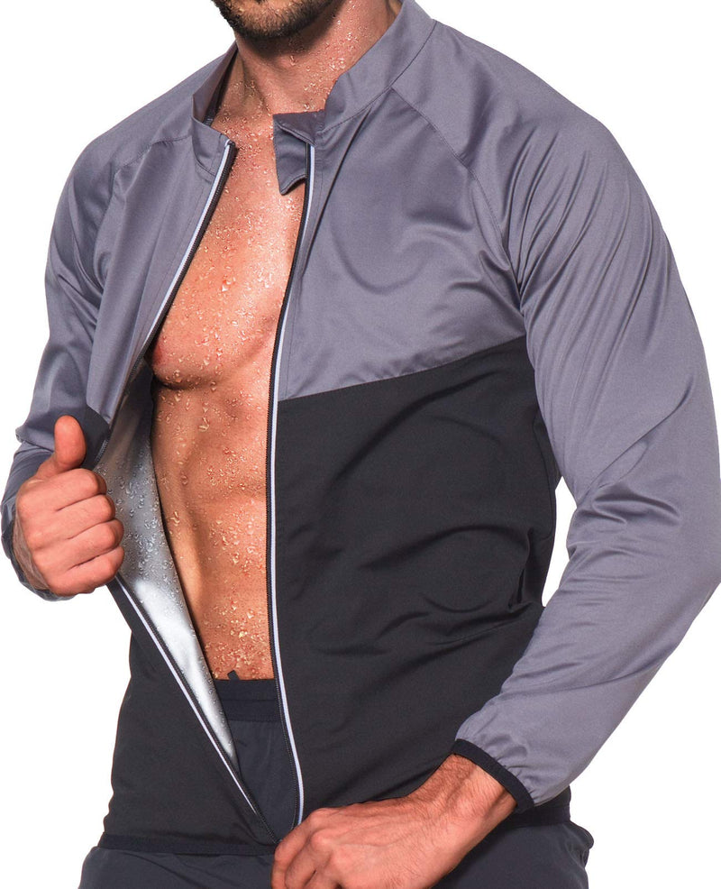 NINGMI Sauna Suit for Men Sweat - Zipper Long Sleeve Workout Jackets Mens Gym Lose Belly Fat Slimming Shirt Fitness gray Small - BeesActive Australia