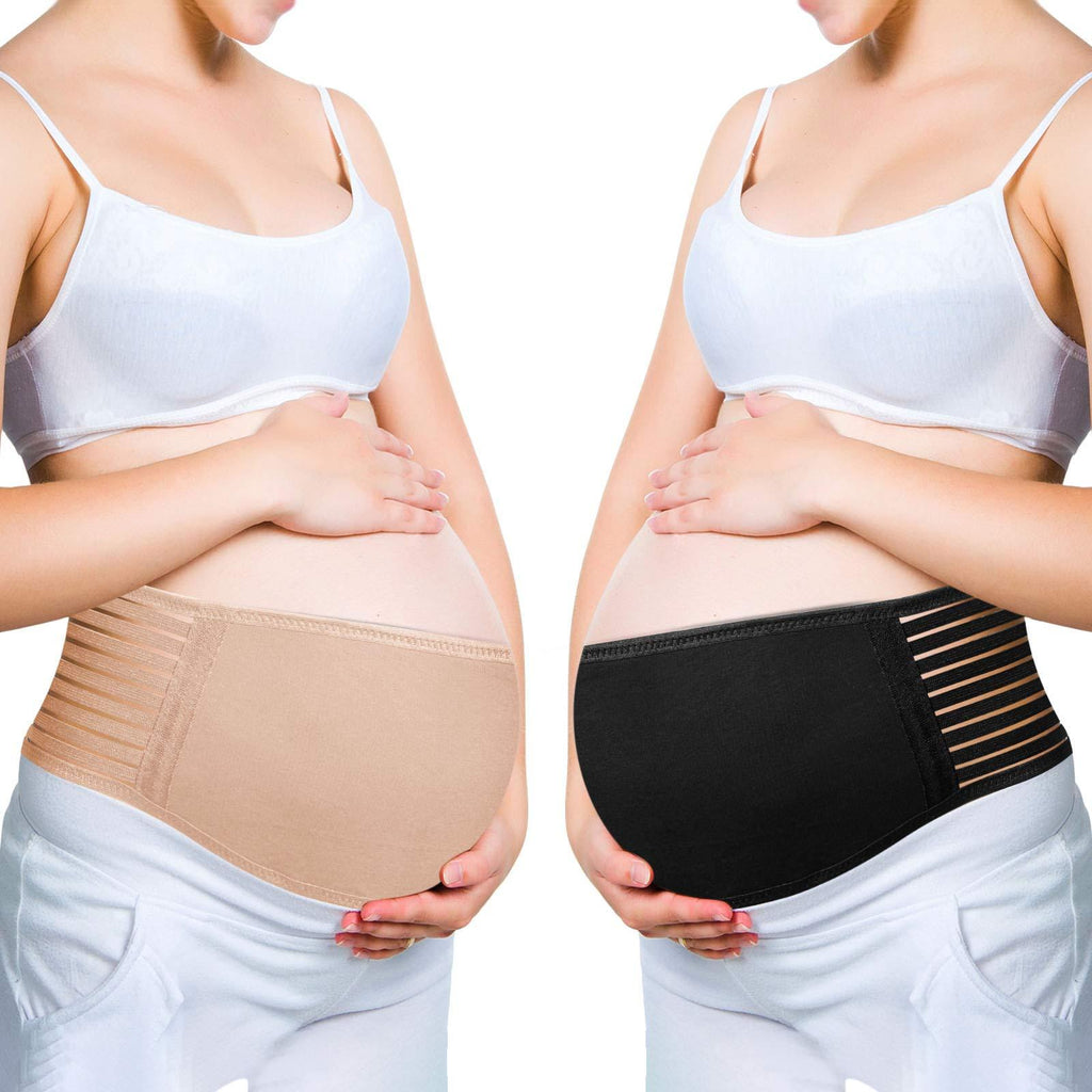 2 Pieces Belly Band for Pregnancy Adjustable Maternity Belt Breathable Bump Band Soft Pregnancy Support Belt to Reduce Pelvic, Lower Back Pain (Black, Nude Color) - BeesActive Australia