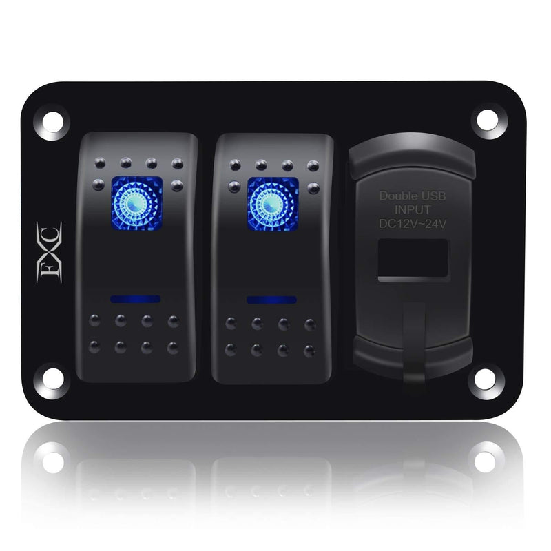 Purishion 2 Gang Rocker Switch Aluminum Panel with Voltmeter & Dual USB(4.8 Amps) Fast Charging, Blue Backlit Led, Pre-Wired IP65 Waterproof for Marine, Boat, Car, Truck, Polaris, Jeep (Blue) 2Gang Blue - BeesActive Australia
