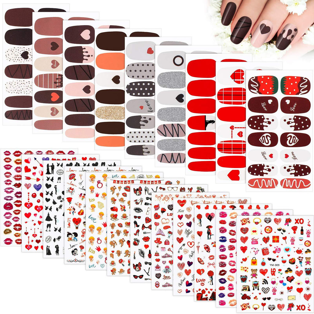 21 Sheets Valentine's Day Nail Art Stickers Includes 12 Sheets Self-Adhesive Nail Art Stickers 9 Sheets Nail Polish Stickers Adhesive Full Nail Wraps with Nail File - BeesActive Australia