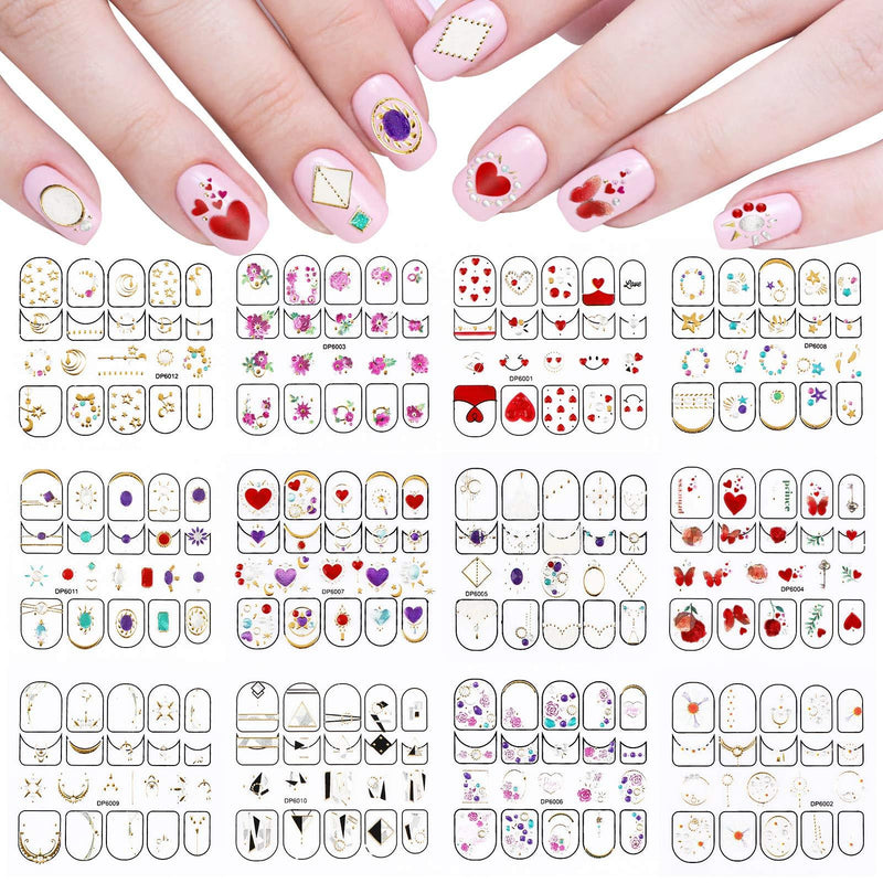 Konsait 12 Sheets 3D Nail Sticker, Valentines Day Metallic Gold Red Heart Self-Adhesive Nail Decals, Flower Butterfly Geometry Moon Stars Daisy Lace Luxury Manicure Nail Art Design Sticker for Women - BeesActive Australia