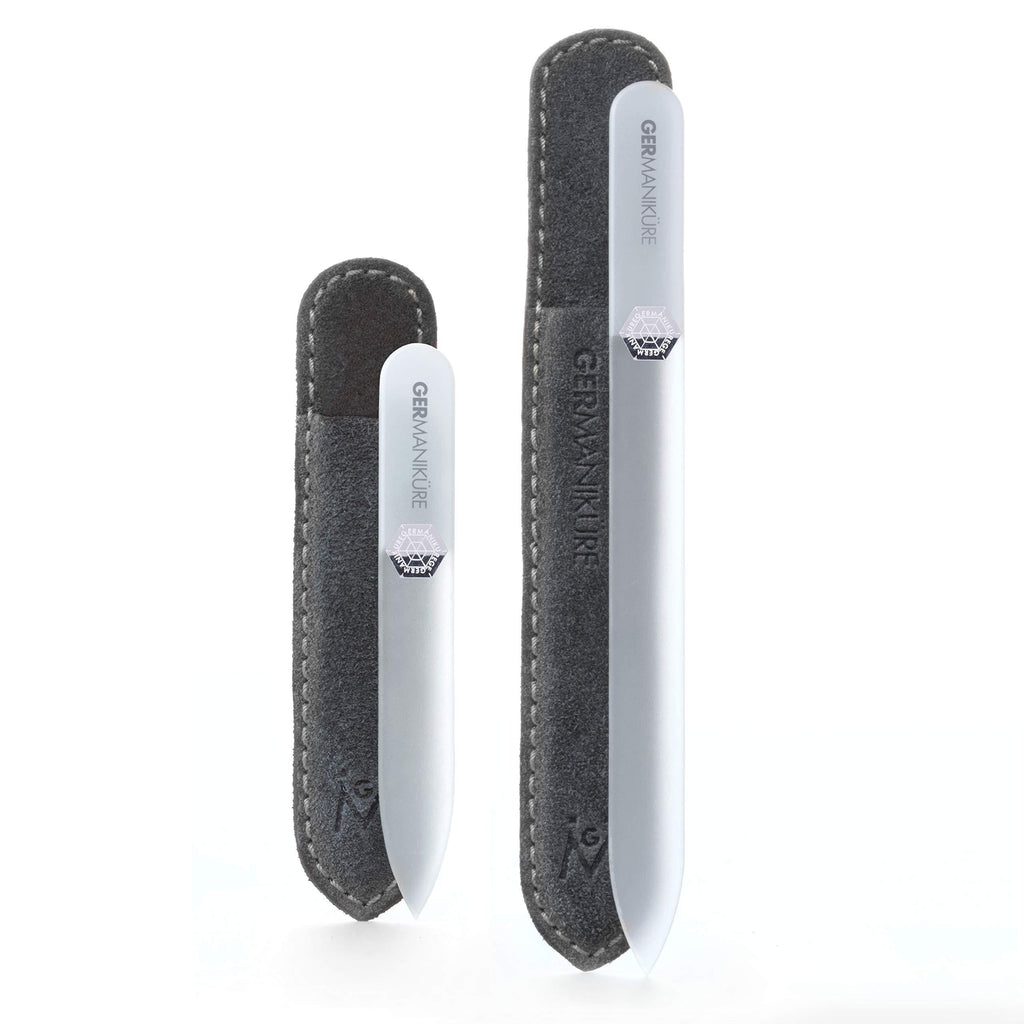 GERMANIKURE Gray Glass Nail File Set in Suede Cases - Ethically Made in Czech Republic - 2pc Fingernail File & Small Travel Nail File - Professional Manicure & Pedicure Kit for Natural Nails - BeesActive Australia