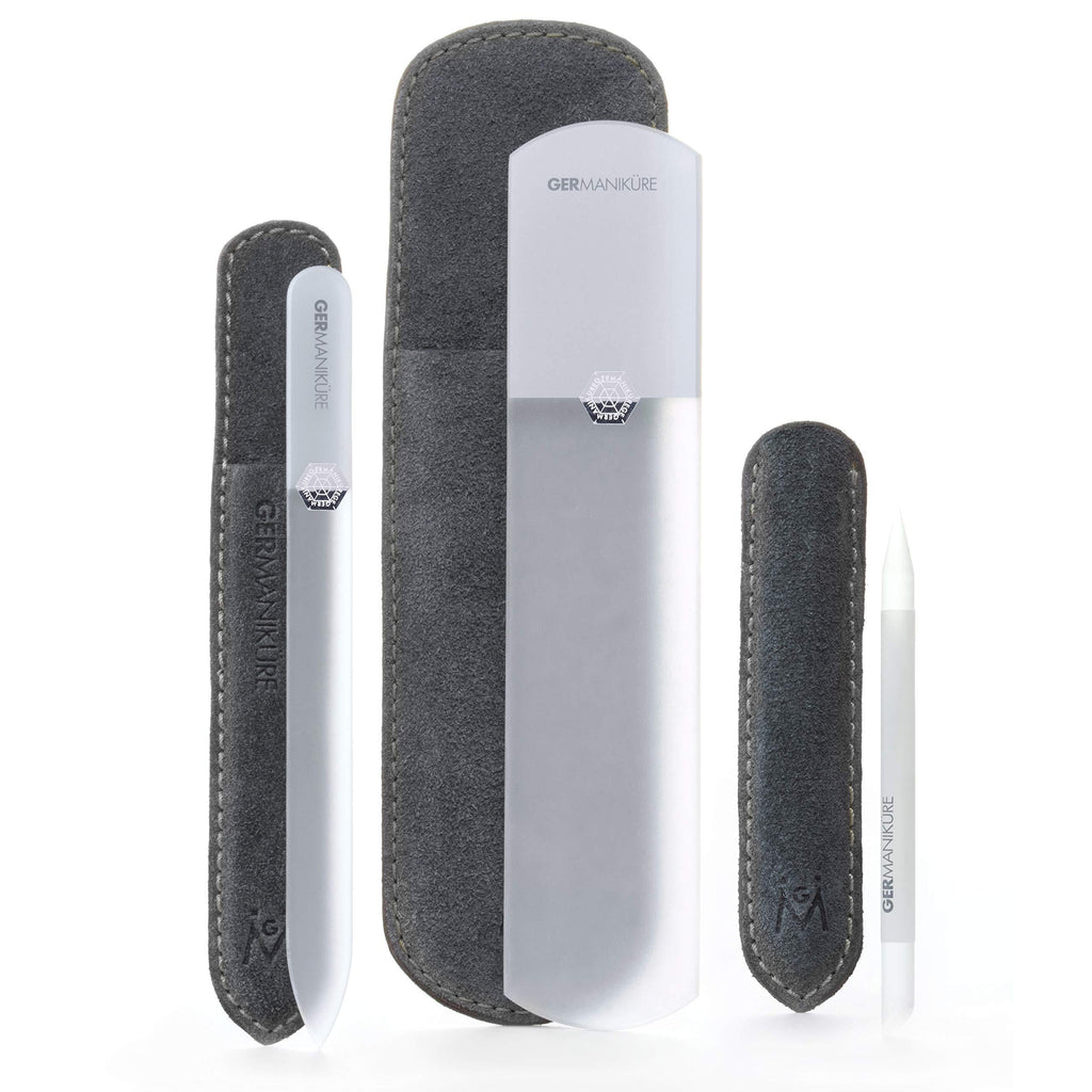 GERMANIKURE Gray Glass Nail File Set in Suede Cases- Ethically Made in Czech Republic - Professional Permanently Etched Fingernail File, Small Travel File, Cuticle Remover Stick - BeesActive Australia