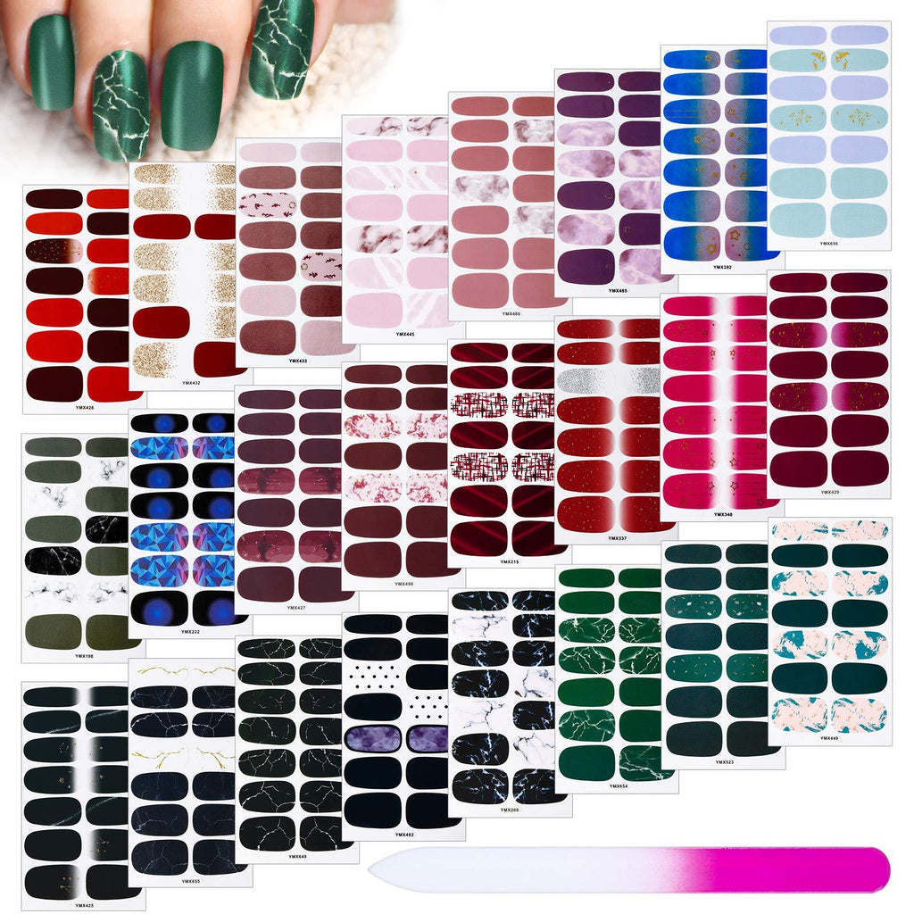 336 Pieces 24 Sheets Full Wrap Nail Polish Sticker Self-Adhesive Nail Art Decals Strips Full Cover Nail Wraps Stickers with Glass Nail File for Women Girls Nail Art Manicure Supplies - BeesActive Australia