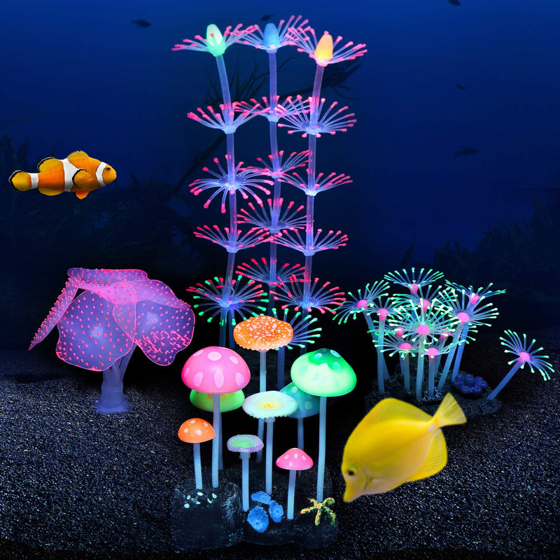 Filhome Glowing Fish Tank Decorations Plants, 4 pcs Glow Aquarium Decorations, Glowing Mushroom Coral Plant Ornaments Mushroom, Strip coral, Coral, Anemone - BeesActive Australia