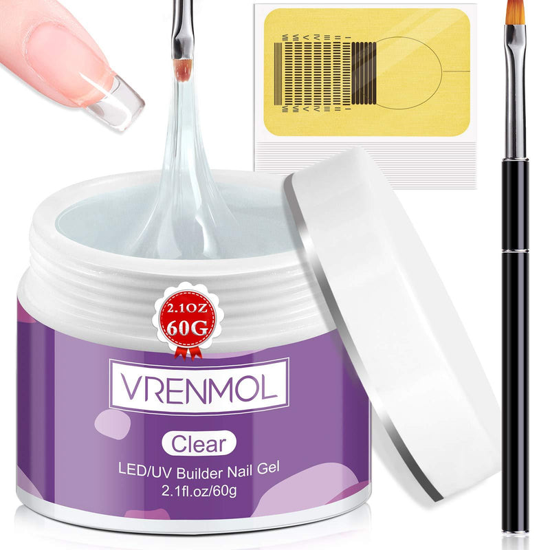 Vrenmol Builder Gels Nail Kit, 60g Clear Nail Extension Gel Set Nail Strengthen LED/UV Gel Hard Gel Nail Art Manicure Set with Nail Forms & Acrylic Nail Brush for Beginners Builder Gel Nail Kit - 60G - BeesActive Australia