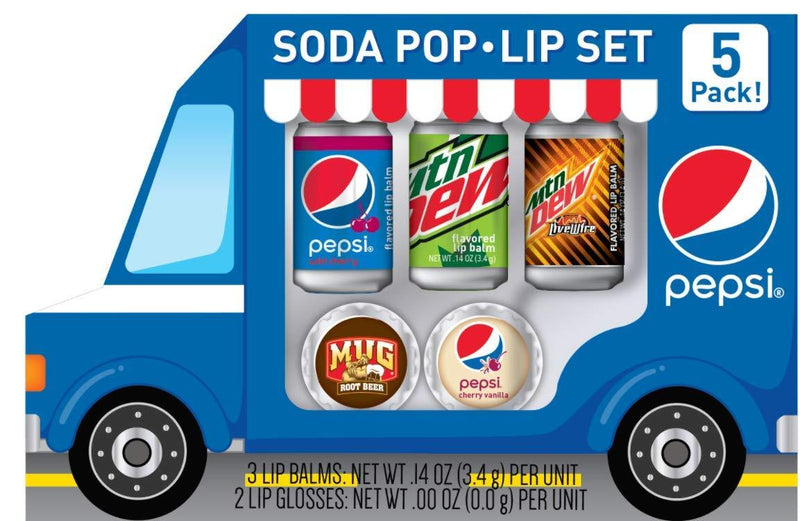 Taste Beauty for Pepsi Soda Pop Truck Lip Balm Set- Wild Cherry, Mtn Dew, LiveWire, Root Beer & Cherry Vanilla Flavors - BeesActive Australia