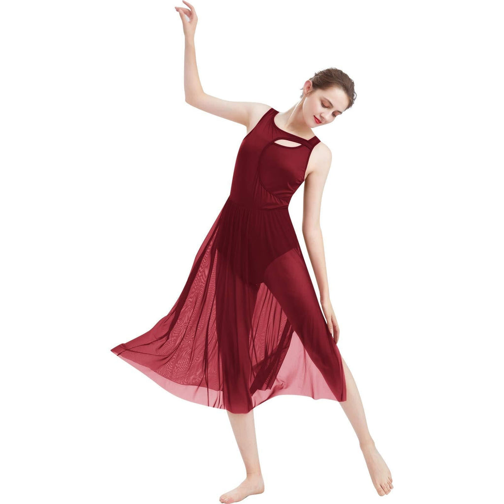 ODASDO Women Lyrical Dance Dress Modern Contemporary Dancewear Cut Out Front Mesh Tulle Skirt Backless Tank Leotard Small Wine Red - BeesActive Australia