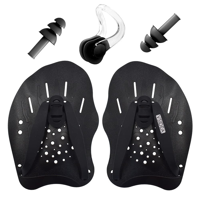 Vsidea Swim Training Hand Paddles with Ear Plugs and Nose Clip, Adjustable Straps Contour Swimming Paddles for Women Men and Children Professional Swimming Accessories Black - BeesActive Australia