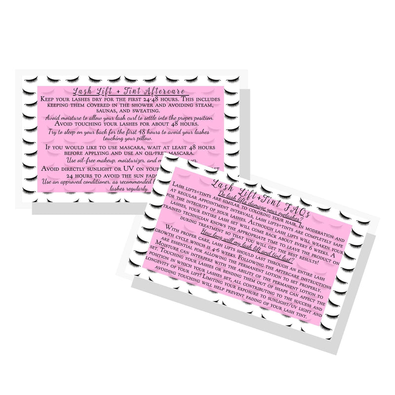 Lash Lift + Tint Aftercare Instruction Cards | 50 Pack | 2 x 3.5” inches Business Card Size | Eyelash Lift and Tint Kit at Home DIY aftercare Supplies | Lash Print with Pink Inlay Design - BeesActive Australia