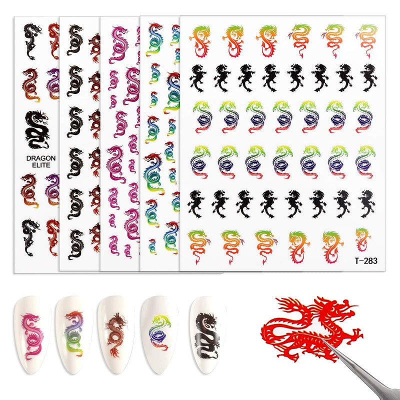 5 Sheets Dragon Nail Art Stickers, 3D Dragon Nail Decals Self-Adhesive Dragon Nail Stickers Decals for nails Manicure Tips Accessories for Acrylic Nails Decorations - BeesActive Australia