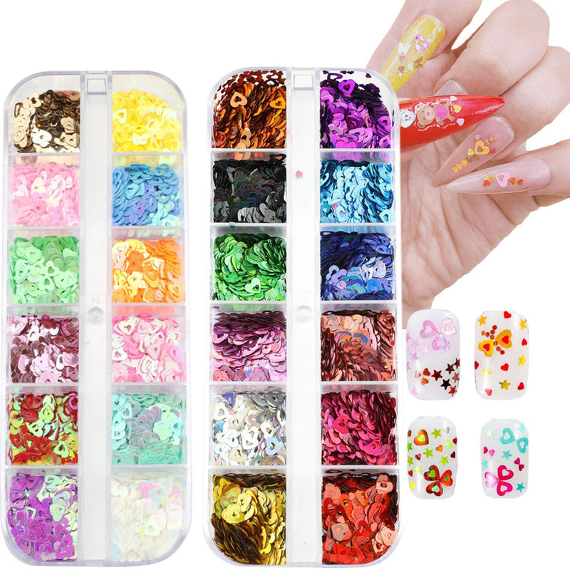 Nail Art Hearts Glitter 24 Colors Holographic Sparkly Mixed Heart & Hollow Heart Shaped Nail Sequins 4mm 2mm Various Size for Acrylic Nail Decoration Eye Face Body DIY Crafts - BeesActive Australia