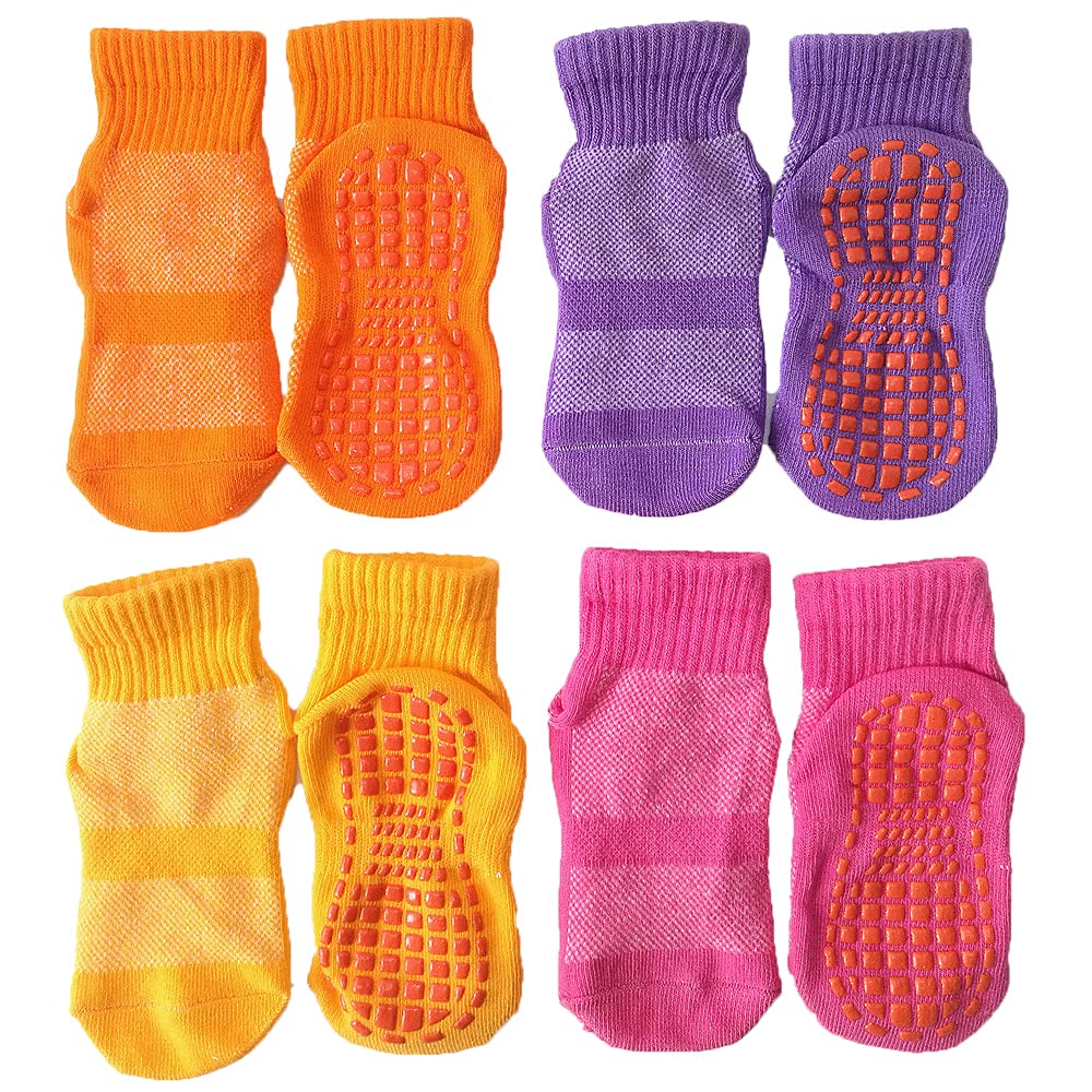 Leeshow 4Pairs Non Slip Trampoline Socks for Kids, Anti Skid Gripy Floor Socks for Exercises, Gym, Yoga and Pilates Yellow,orange,pink X-Small - BeesActive Australia