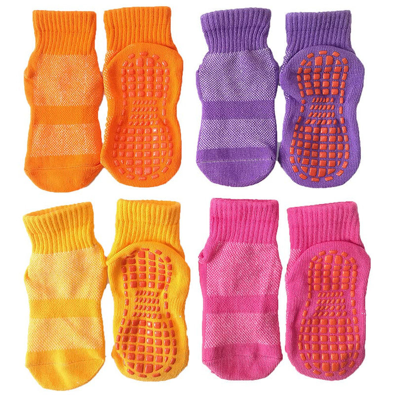 Leeshow 4Pairs Non Slip Trampoline Socks for Kids, Anti Skid Gripy Floor Socks for Exercises, Gym, Yoga and Pilates Yellow,orange,pink X-Small - BeesActive Australia