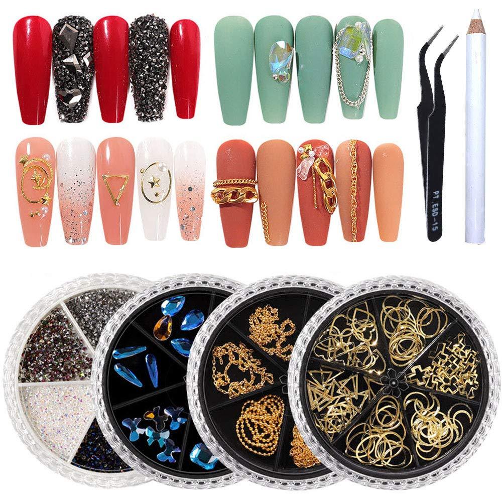 Vanchief 4Pcs 6-Compartment Mixed Turntable Nail Art Decoration Sequined Nail Art Nail Gems Rhinestones,Studs,Butterfly Nail Art DIY Craft Accessories With 1Pcs Tweezers And Picker Pencil (C) C - BeesActive Australia