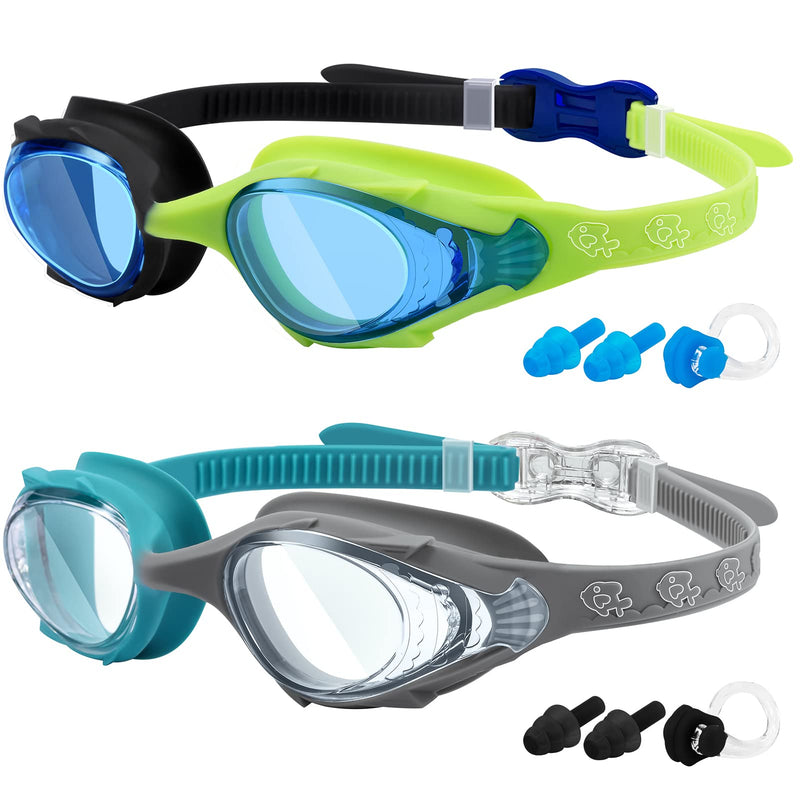 2-Pack Kids Swim Goggles, Toddler Swim Goggles, Swim Pool Goggles for Boys or Girls From 3-12, Quick Adjustable 05.fluorescent Green/Black(transparent Blue Lens) + Avocado/Gray(transparent Lens) - BeesActive Australia