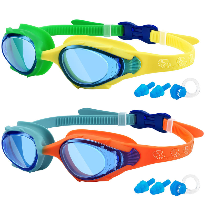 2-Pack Kids Swim Goggles, Toddler Swim Goggles, Swim Pool Goggles for Boys or Girls From 3-12, Quick Adjustable 01.yellow/Green(transparent Blue Lens) + Avocado/Orange(transparent Blue Lens) - BeesActive Australia