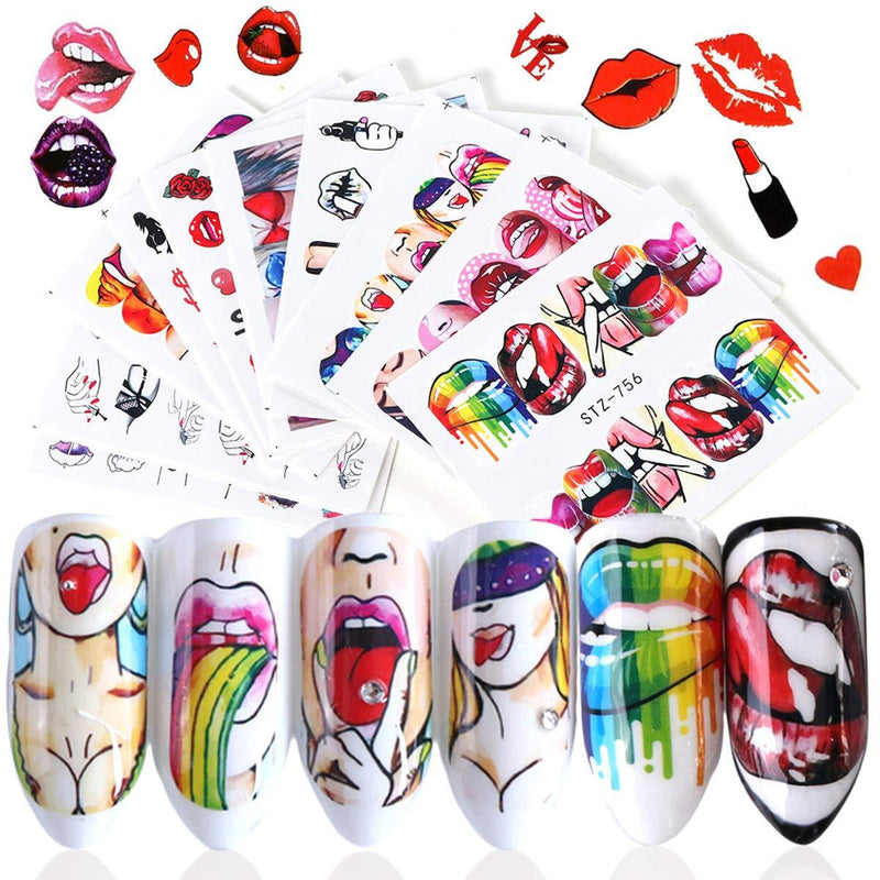 Nail Stickers Nail Art Accessories Decals for Women Sexy Lips Cool Girl Rose Nail Art Stickers Manicure Water Transfer Nail Applique Tip Charms 9 Sheets - BeesActive Australia