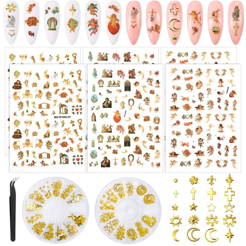 6 Sheets Angel Pattern Nail Stickers and 2 Boxes 3D Nail Art Metal Charms, Baby Angel Nail Art Stickers Self-Adhesive Nail Decals, Gold Metal Nail Studs Punk Star Cross Moon Gem Nail Art Jewel - BeesActive Australia