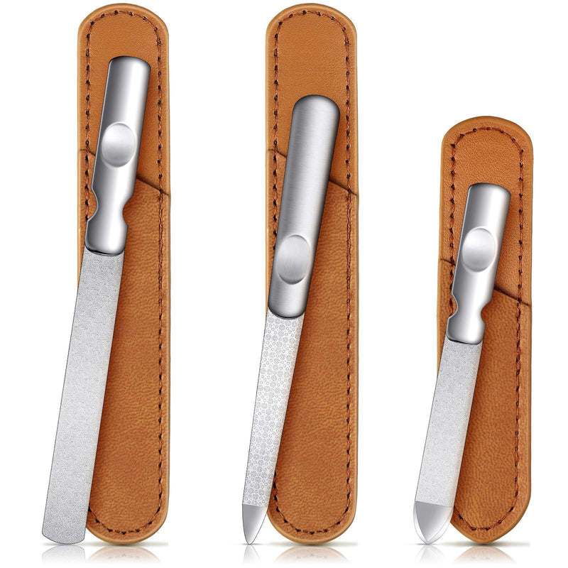 3 Pieces Stainless Steel Nail Files with Leather Case, Double Sided Metal Nail Files with Anti-slip Handle, Metal Nail File Buffer Manicure Pedicure Tools for Fingernail Toenail, Fine and Coarse Brown - BeesActive Australia