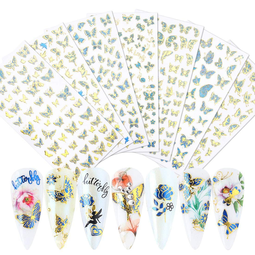 Firstaste 8 Sheets Butterfly Nail Stickers Luxury Nail Art Decals 3D Gold Blue Self-Adhesive Stickers Butterflies Nail DIY Manicure Decorations Accessories - BeesActive Australia