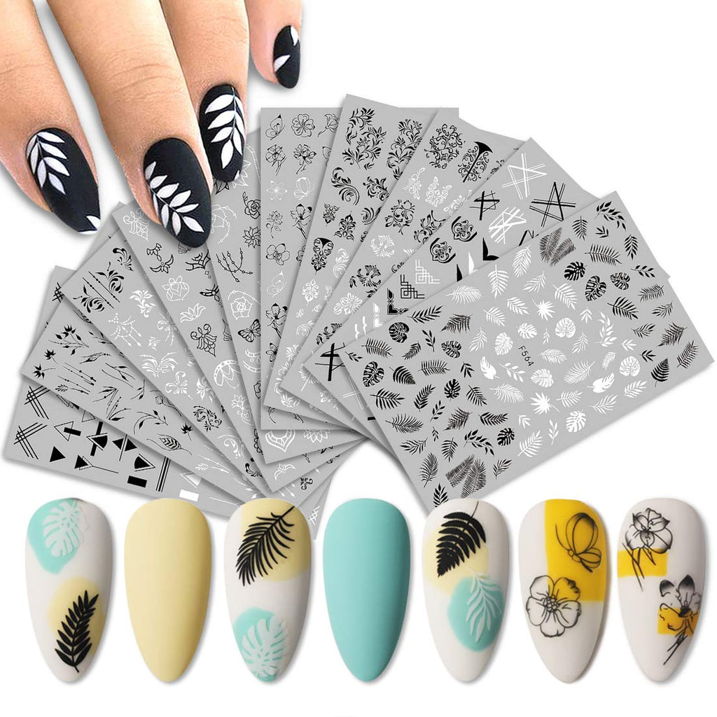 Mori Elves Nail Art Stickers Black White Flower Palm Leaf Nail Self-Adhesive Decals Summer 3D Natural Fresh Style Minimalist Lines Design Sticker for Women Girls Nail DIY Accessories (10 Sheets) - BeesActive Australia