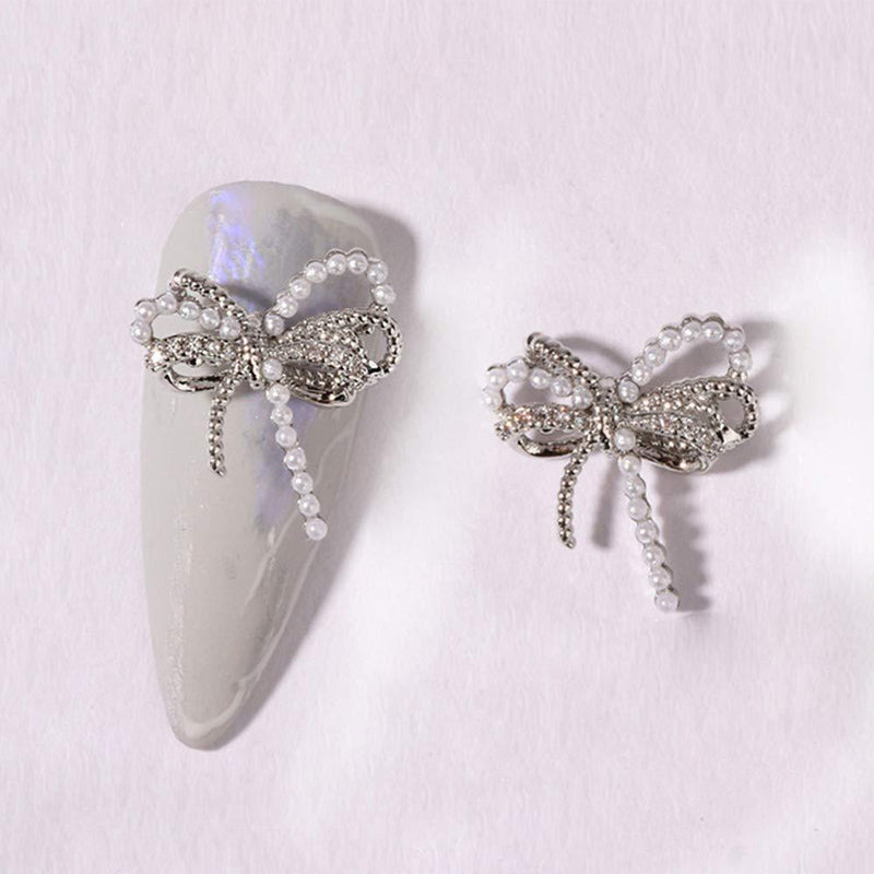 Gold Alloy Charms Metal Zircon 3D Bowknot DIY Nail Art Decorations Manicure Nail Rhinestones Bow Nail Jewelry(silver) silver - BeesActive Australia