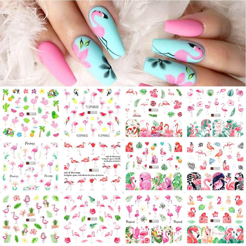 Flamingo Nail Art Stickers Decals Nail Art Supplies Kits Nail Polish Strips Nail Decorations Accessions for Women Girls Water Transfer Decal Slider Tropical Palm Flamingo Cactus Pine Apple 12 Sheets - BeesActive Australia