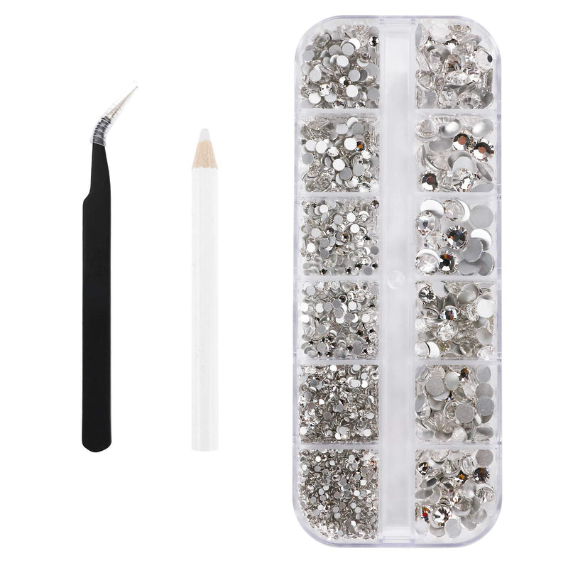 2000PCS Clear Round Crystal Rhinestones, 6 Size Non-Self-Adhesive Flat Back Gemstone with Tweezers and Picking Rhinestones Pen for Crafts Nail Art Eye Makeup Clothes Shoes Bags DIY Decoration - BeesActive Australia