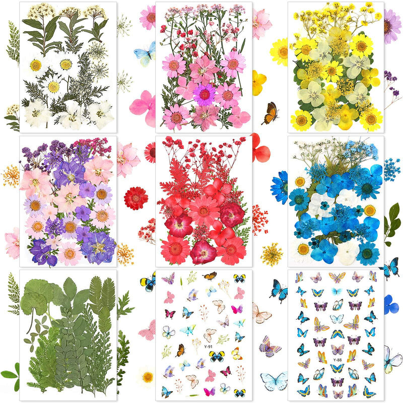 257 Pieces Resin Real Dried Pressed Flowers Leaves and Butterfly Stickers Set Multiple Natural Dry Flowers Daisies Butterfly Adhesive Decals for DIY Resin Jewelry Nail Pendant Art Floral Decors - BeesActive Australia