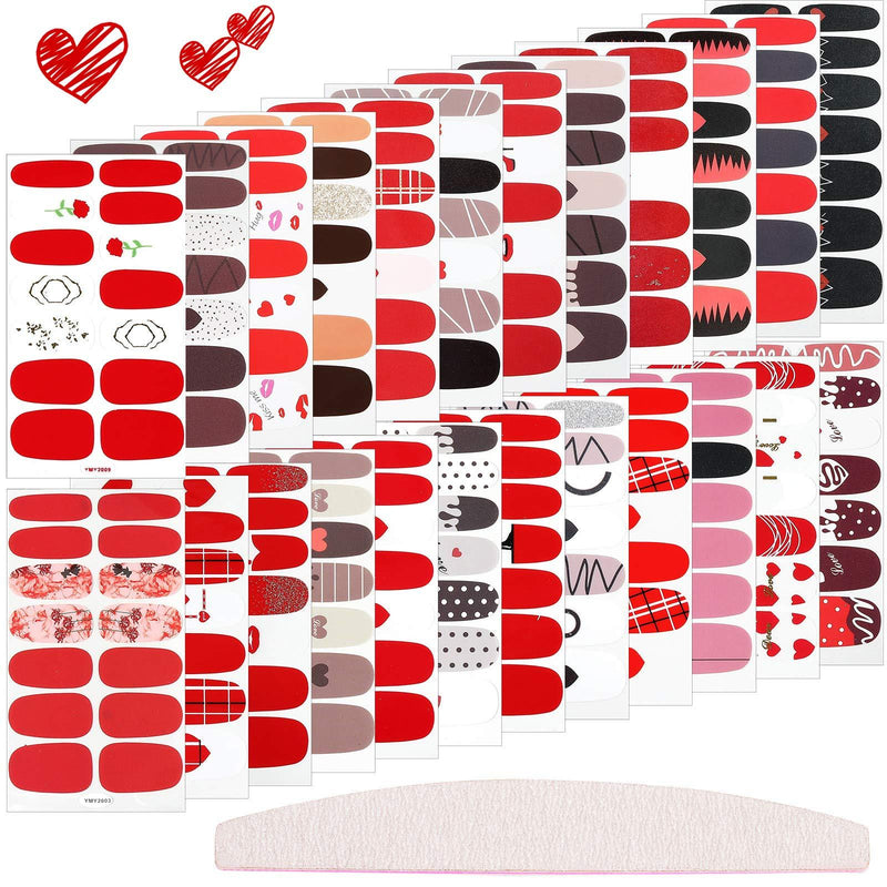 24 Sheets 336 Pieces Valentine's Day Nail Polish Stickers Self-Adhesive Full Wrap Nail Art Decals Full Cover Nail Decals Strips with Nail File for Women Girls DIY Nail Art Decoration - BeesActive Australia