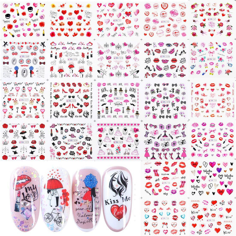 Mori Elves 24 Sheets Valentine Nail Art Stickers Valentines Day Nail Heart Water Transfer Decal Rose Lips Lipsticks Love for Women Girls DIY Nail Design Manicure Accessories - BeesActive Australia