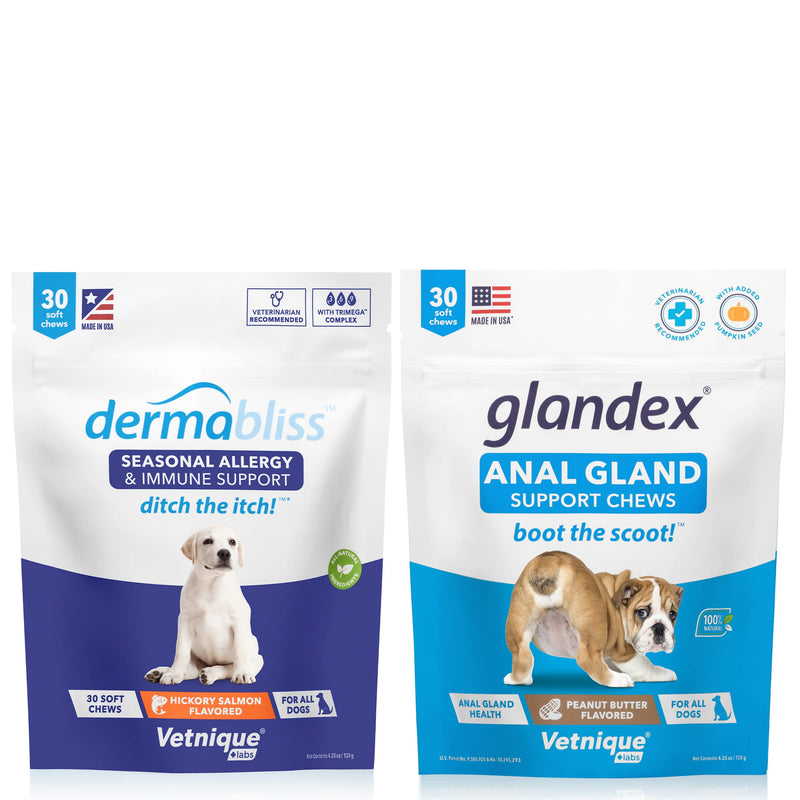 Dermabliss Allergy Chews 30 Ct and Glandex Anal Gland Support Chews 30 Ct Bundle Dog Vitamins & Supplements, Anal Gland Dog Treats with Probiotics, Dog Allergies Skin Treatment Soft Chew - BeesActive Australia