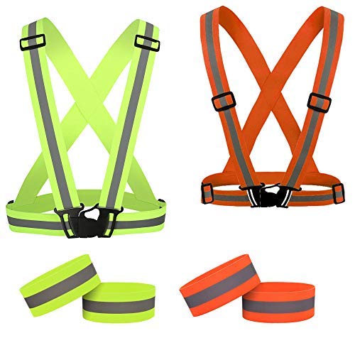 SGHVLU Running Reflective Vest 2 Pieces ElasticAdjustable ReflectiveVest with4 High-Visibility ReflectiveBelts Fluorescent Green + Orange - BeesActive Australia