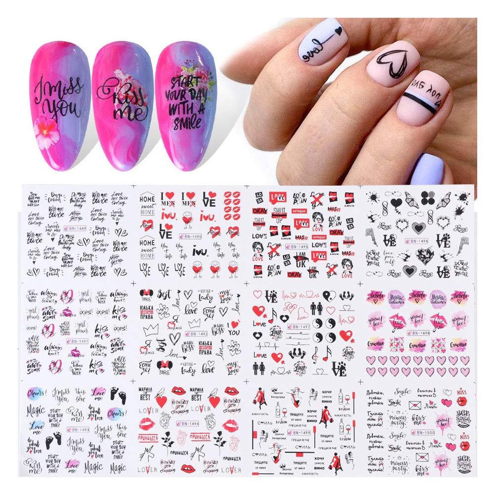 Lookathot 12Styles/Sheets Nail Art Stickers Decals Valentine's Day Series Love Heart Design DIY Foil Paper Printing Transfer Acrylic Decals - BeesActive Australia