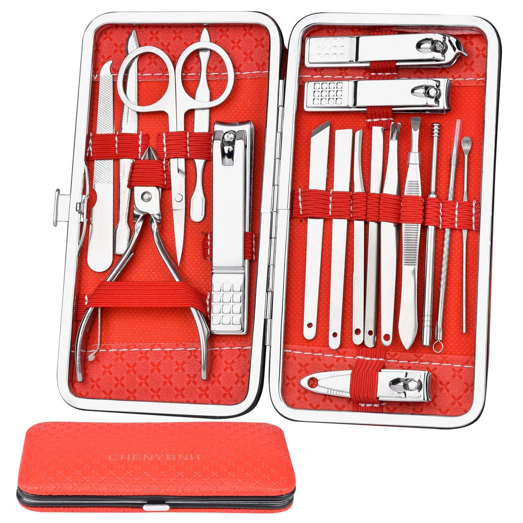 Manicure Set CHENYBNH Stainless Steel Nail Clippers 18 in 1 Professional Pedicure Kit for Woman & Man, Nail Care Tools with Luxurious Case(RED) - BeesActive Australia