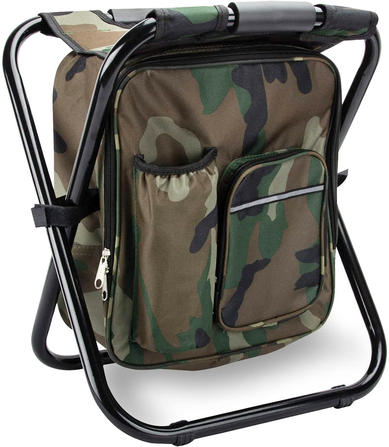 Folding Stool Backpack Insulated Cooler Bag, Collapsible Camping Hunting Fishing Multifunction Chair with Front Pocket and Bottle Pocket for Outdoor Events, Hiking, Travel, Beach Camouflage - BeesActive Australia