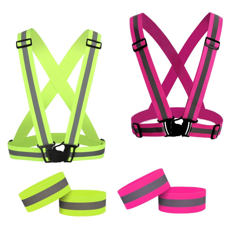 SGHVLU Running Reflective Vest 2 Pieces ElasticAdjustable ReflectiveVest with4 High-Visibility ReflectiveBelts Fluorescent Green + Pink - BeesActive Australia