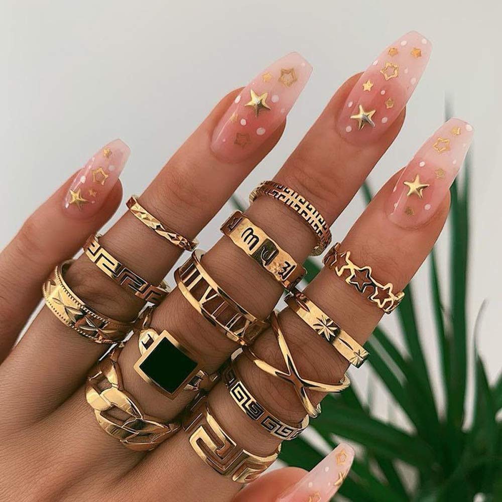 Missgrace Boho Gold Black Stones Cross Ring Set Finger Rings Sets Vintage Knuckle Rings for Women and Girls 13Pcs - BeesActive Australia