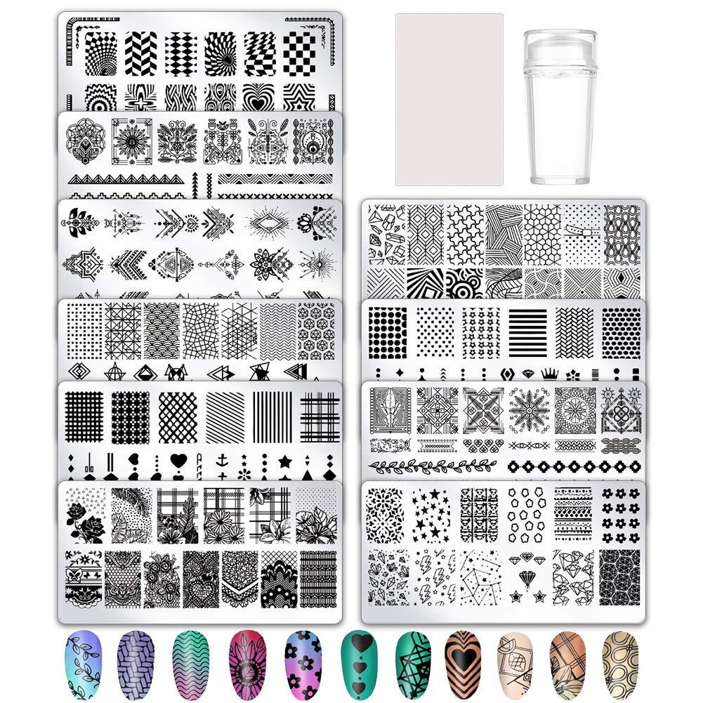 Aoliandatong Nail Stamping Plates Set 10pcs with 1 Stamper and 1 Scraper Flowers, Lace, Geometric Patterns Nail Art Stamping Templates Manicure Tool Kit - BeesActive Australia