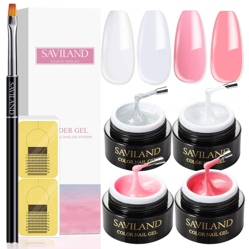 Saviland Builder Gels Nail Kit - 4 colors Nail Extension Gel Kit Nail Strengthen Clear Pink White Nude Pink Hard Gel Nail Art Manicure Set with 100 PCS Nail Forms Nail Brush for Beginners - BeesActive Australia