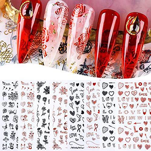 8 Sheets 3D Romantic Valentine's Day Nail Stickers Black Red Self Adhesive Love Heart Letter Rose Vine Abstract Face Images Cat Animal Nail Decal For Women Girl Nail Slider Art Decorations - BeesActive Australia